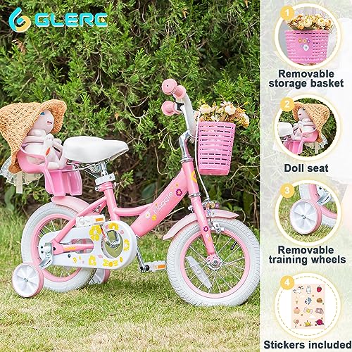 Glerc Maggie   Bicicleta infantil de 12 pulgadas para niños de 12 pulgadas, para niñas, estilo princesa, con asiento y cesta, ruedas de apoyo y campana, para cumpleaños, color rosa a blanco :  Deportes y aire libre