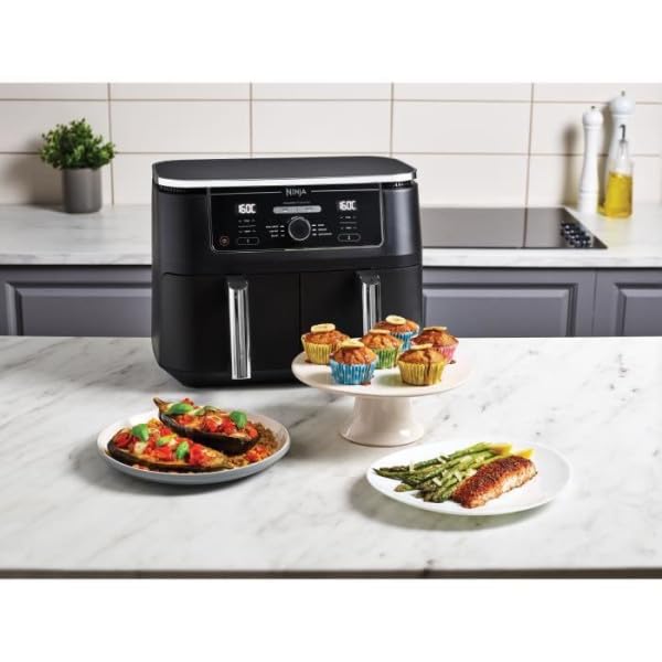 Ninja Foodi Freidora de aire con compartimento doble, 9,6 l, 6 en 1, no usa aceite, Freír con Aire, Max Crisp, Asar, Hornear, Deshidratar, 8 porciones, cestas antiadherentes, en negro, AF400EU
