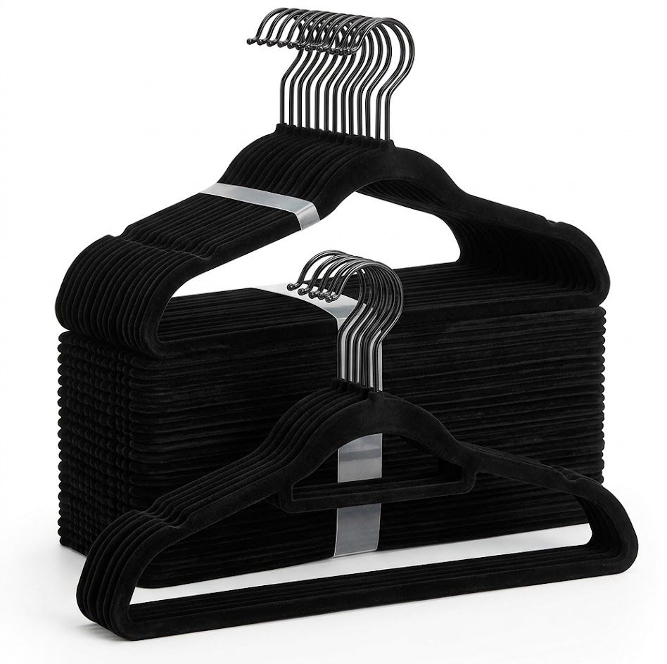 Virello 50-Pack Slim Velvet Hangers - Non-Slip Space Saving Suit Clothes Hangers with 360-Degree Swivel Hook, Heavy Duty Velvet Closet Organizer for Coats, Pants, Skirts, Dress - Black